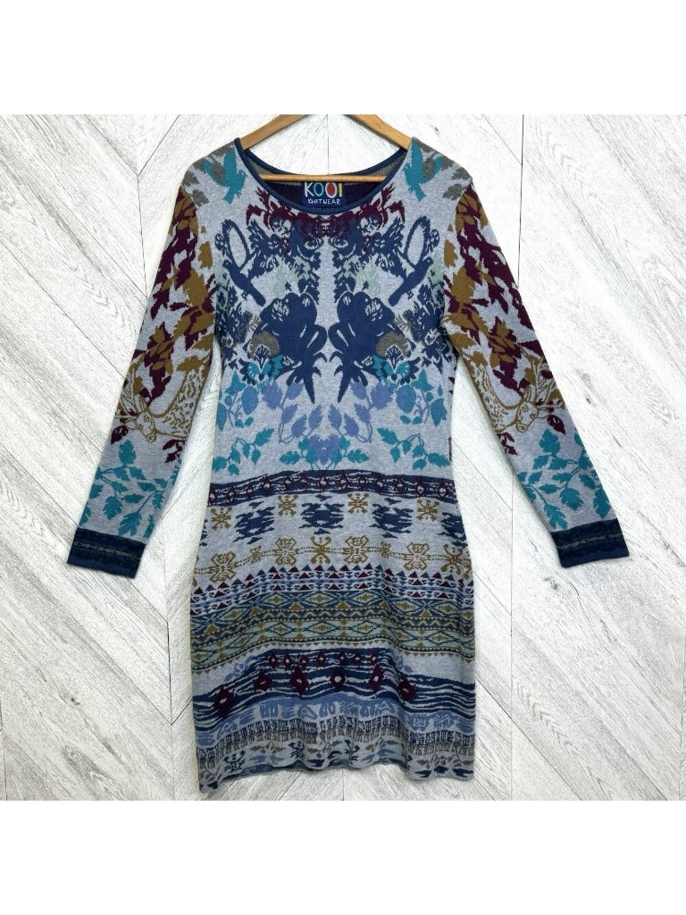 KOOI Knitwear Sweater Dress Womens Medium Woodland Bird Floral Jacquard Tapestry